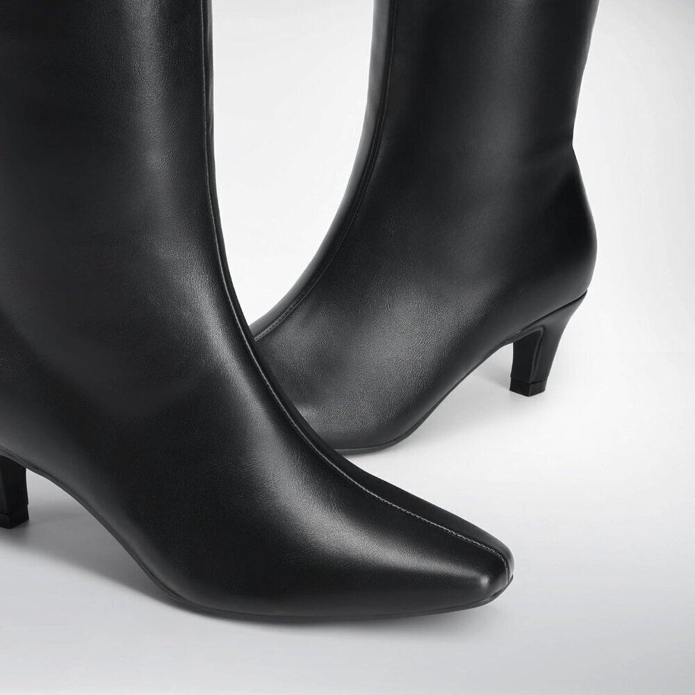 Women Knee High Boots Faux Leather Wide Calf 2 Inch Kitten Heel Square Toe - Picture 6 of 8